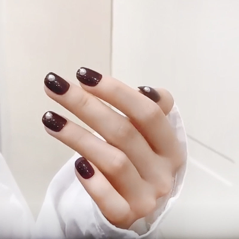 24pcs Short Moon False Nails with Glue Gold Leaf Wave Line Fake Nail Detachable 2022 New Press On Nail Tips Decoration