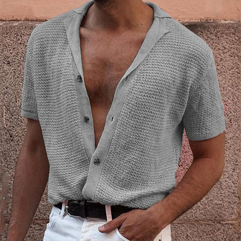 Hearujoy 2025 summer Men's Knitted Shirt Cool Silk Fabric Short Sleeve Buttons Thin Loose Shirts For Men Vintage Mens Clothing Tops