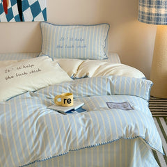 YICKYUE  -  Korean Style INS Striped Cotton 4-Piece Bedding Set - Soft Triangular Stitch Duvet Cover