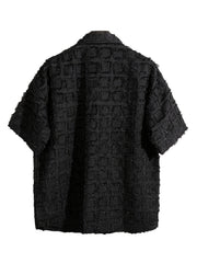 Hearujoy Stylish Men's Black Plaid Short-Sleeve Shirt with Tassel Hem - Casual American-Inspired, Button-Up, Polyester, Machine Washable for Summer Fashion