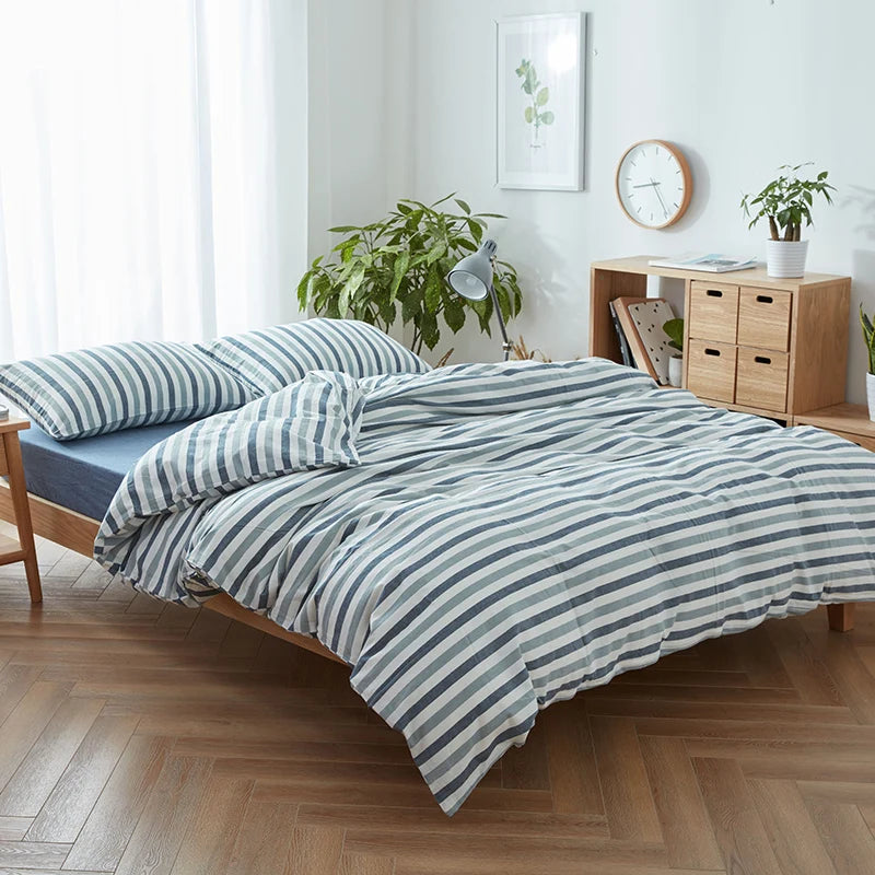 YICKYUE  -  100% washed Cotton bed linen 3/4pcs vintage blue and white stripe duvet quilt covers single queen king size bedding fitted sheet