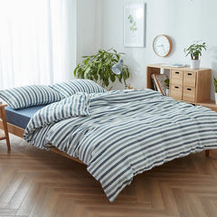 YICKYUE  -  100% washed Cotton bed linen 3/4pcs vintage blue and white stripe duvet quilt covers single queen king size bedding fitted sheet
