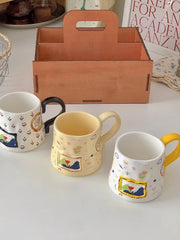 YICKYUE  -  Retro Ceramic Coffee Mug with 3D Carving and Printing Design, Household Drinking Utensil, Milk Cup Set with Handle, A Birthday P