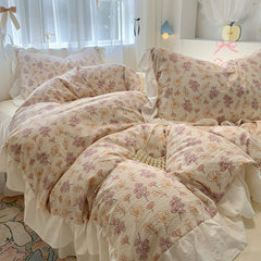 YICKYUE  -  Bedding Set Korean Style New  Small Floral Water Washed Cotton Lace Duvet Cover Set Queen Size