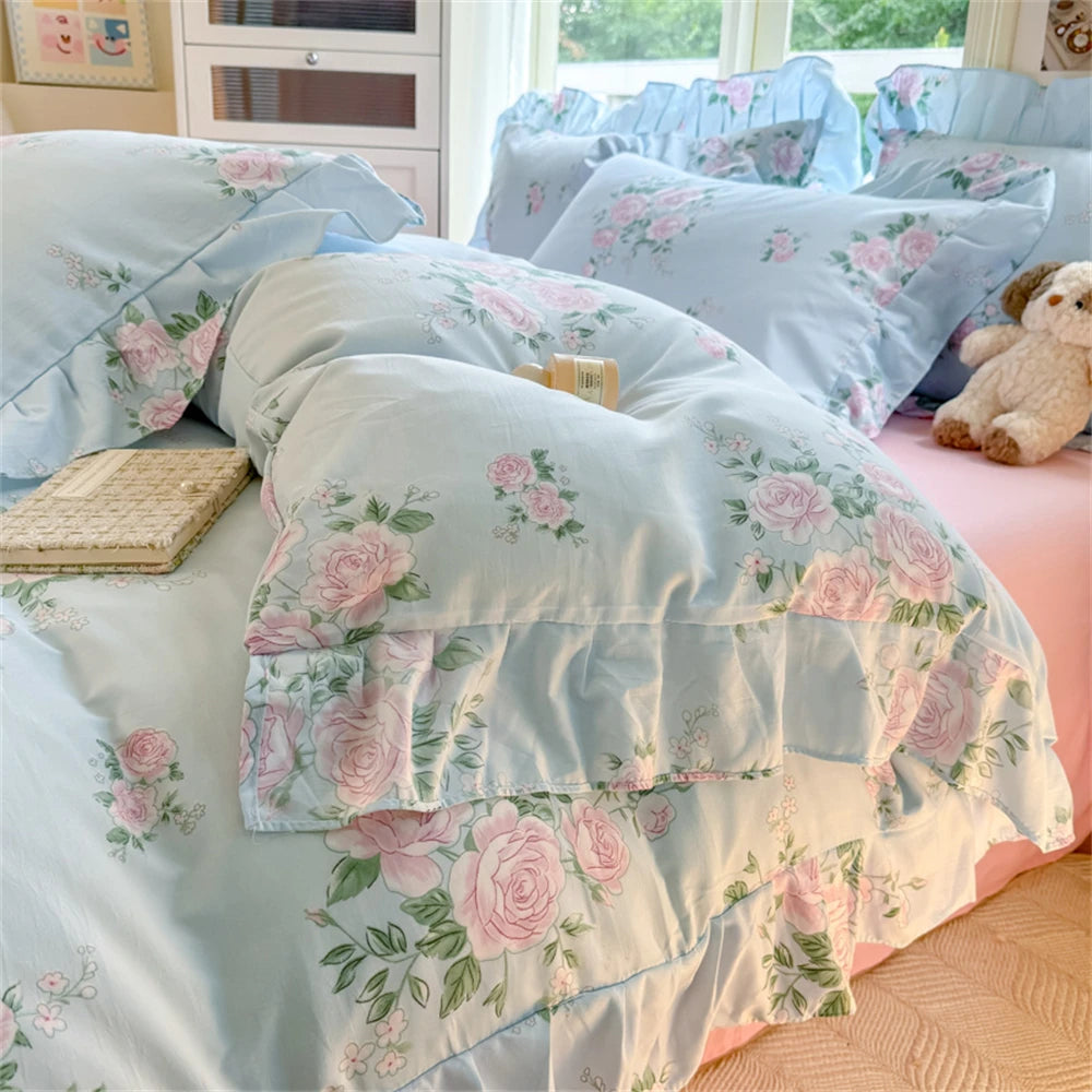 YICKYUE  Flower Washed Cotton Bedding Set Duvet Cover Set Korean Lace Ruffles Quilt Cover Soft Skin-friendly Cover Bed Linen Pillowcases
