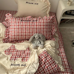 YICKYUE  -  Korean Red Gingham Bedding - Puppy Appliqué 4pc Washed Cotton Set