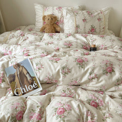 YICKYUE  -  4Pcs Vintage French Pleated Wide Edge Floral Pastoral Style 100% Cotton Bedding Set Duver Cover Bed Skirt Bedspread Pillowcases