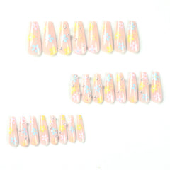YICKYUE  -  Colorful Flower Pearl Wearable Nail Tip Art Full Cover Long Ballet Fake Nail Finished False Nail Press on Nail Glue for Manicure