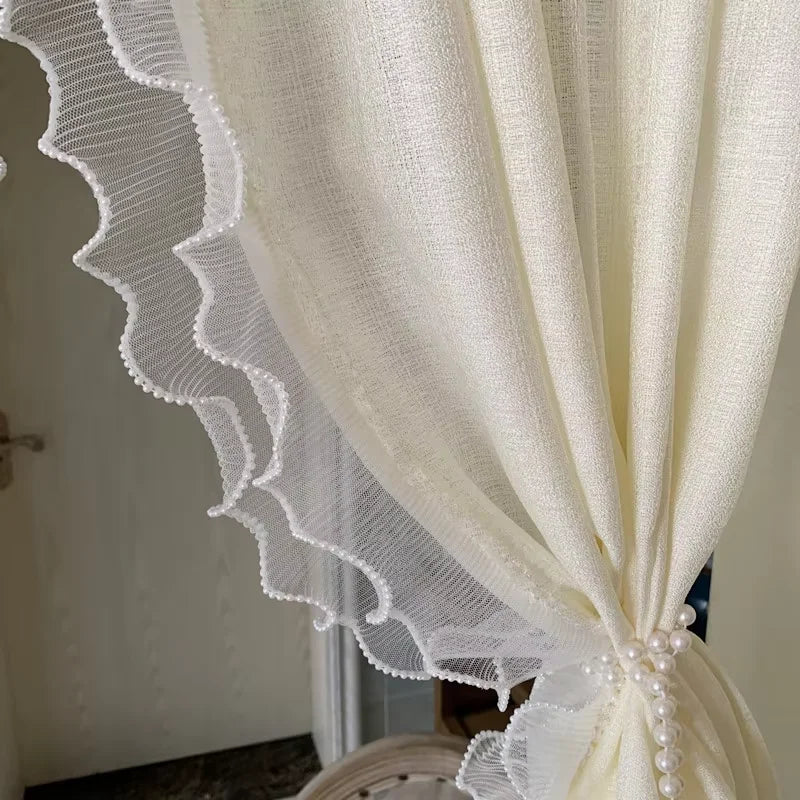 YICKYUE  -  Korean Double Lace With Pearls Tulle Curtains For Bedroom Girl Room French Dream Light Yellow Short Sheer Voile For Door Kitchen
