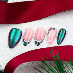 YICKYUE  -  Chic Christmas Snowflake  Romantic Green French Fake Nails Pearl Pearlized Powder Detachable Finished False Nails Press on Nails