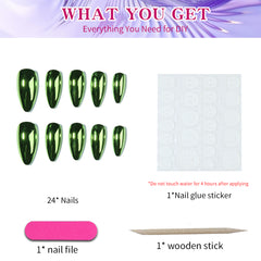 YICKYUE  -  Pure green almond nail metal feeling fake nail nail patch press nail wear nail for women girls students pregnant women 24pcs/set