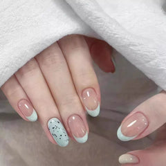 YICKYUE  -  Handmade Refreshing Mint French Short Oval Press On Nails Eggshell Design False Nails Wearable Manicure For Women And Girls