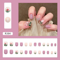24pcs/box Lovely Cute Flower Fairy Style Fake Nails Full Cover Nails Long Nail With Glue Presson Nails Packaging Wearable Nail