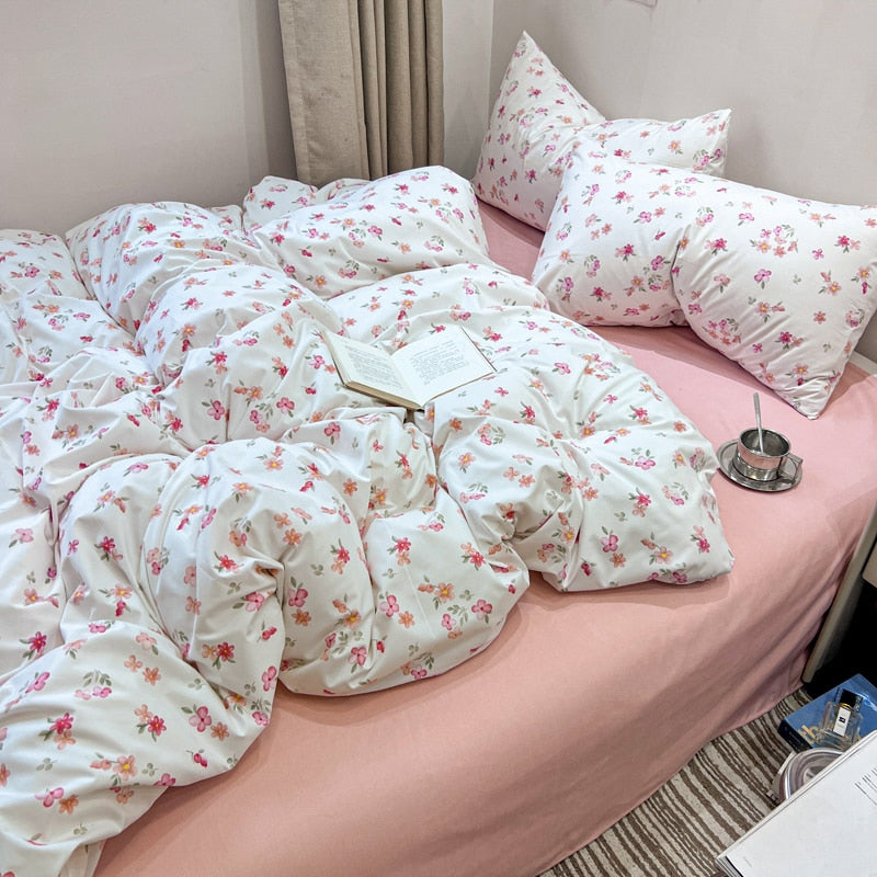 Yickyue Korea Style Flower Printed Bedding Sets Girls Single Double Queen Size Flat Sheet Duvet Cover Pillowcase Bed Linens Home Textile
