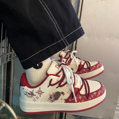 YICKYUE  -  Vintage Red Womens Volcanise Shoes Chic Versatile Graffiti Skateboard Shoes Round Toe Breathable Womens Casual Shoes