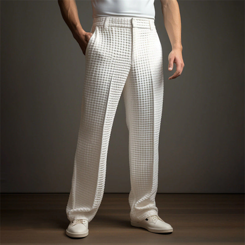Hearujoy Business Casual Waffle Trousers Men Slant Insertion Pocket Straight Suit Pants Fashion Versatile Pants Leisure Vacation