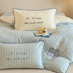 YICKYUE  -  Korean Style INS Striped Cotton 4-Piece Bedding Set - Soft Triangular Stitch Duvet Cover