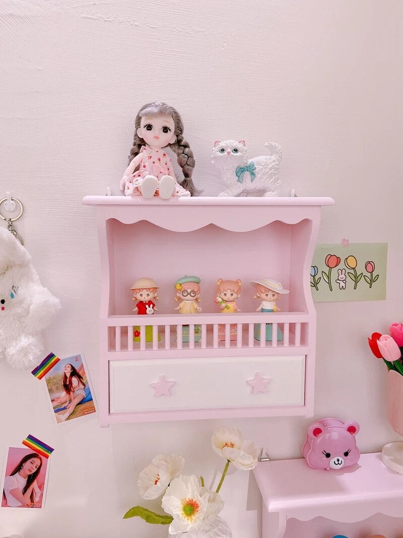 YICKYUE Ins Pink Storage Rack Girl Rack Wall Hanging Wooden Desktop Organizer Display Cabinet Room Home Decoration