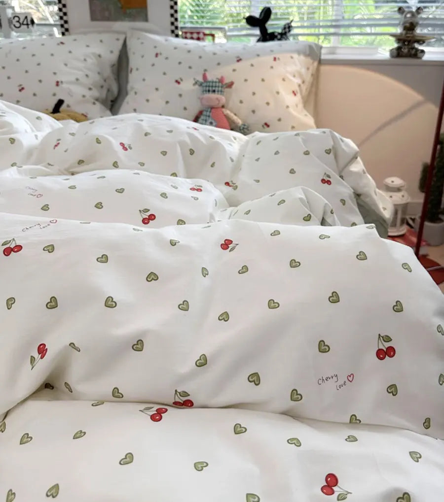 YICKYUE   -  Fashion kawaii green heart cherry bedding set,twin full queen king lovely cotton home textile bed sheet pillow case quilt cover