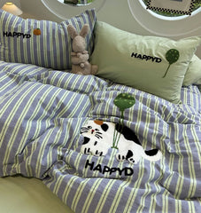YICKYUE  -  Cute embroidery cat stripes bedding set single double,twin full queen king cotton home textile bed sheet pillowcase quilt cover