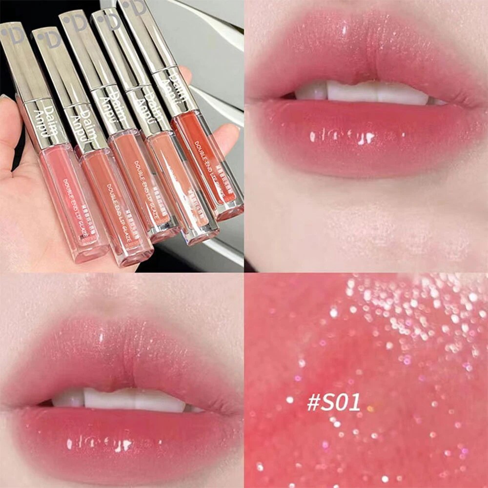 Yickyue Double Head Mirror Pearl Lip Gloss Waterproof Long Lasting Moisturizing Lipstick Shine Glitter Lip Gloss Women Makeup Cosmetic