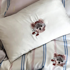 YICKYUE -  High End Cartoon Embroidered Queen Bedding Set 100% Lyocell Stripes Skin Friendly Duvet Cover Set Natural Plant Quilt Cover Sets
