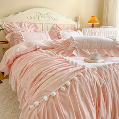 Yickyue Korean Princess Style 100% Cotton Bedding Set Single Queen King Pleat Ruffles White Ball Duvet Cover Set Bed Sheet Pillowcases