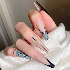 24PCS Stick On Nail Long Black Press On Nails Cute Pearl Design Dark Style Ballet Fake Nails Designer Press On Nails