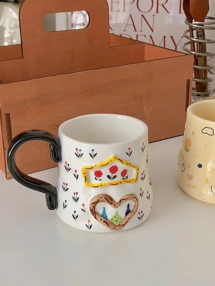 YICKYUE  -  Retro Ceramic Coffee Mug with 3D Carving and Printing Design, Household Drinking Utensil, Milk Cup Set with Handle, A Birthday P