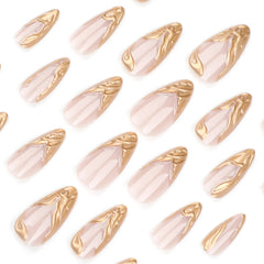YICKYUE  -  White Ballet French Wea Gold Lava Water Ripple Nail Art Almond Shape False Nails Detachable Finished Fake Nails Press on Nails
