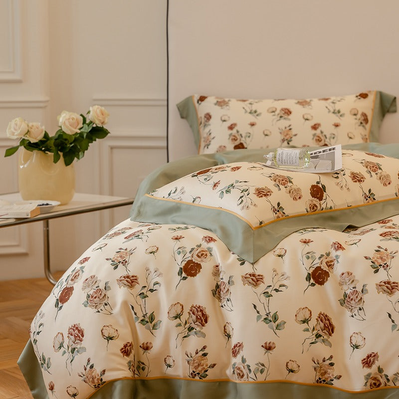 Yickyue Light Luxury French Rose Four-Piece Silk Bed Set