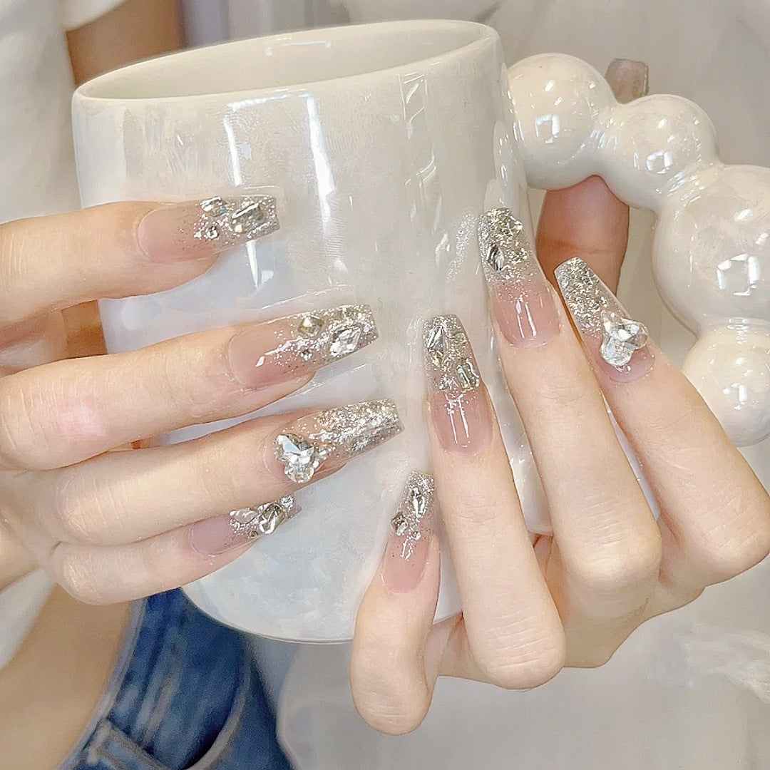YICKYUE  24pcs French Rhinestone Heart Y2k False Nail Fake Long Art Detachable Artificial Nails Set Press on Full Cover Nails with Glue