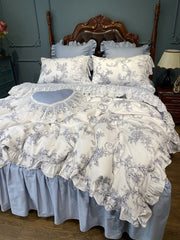 French Vintage Rural Floral Princess Bed Skirt Bedding Set Romantic White Lace Edge 400TC Cotton Quilt/Duvet Cover Set Pillowcas