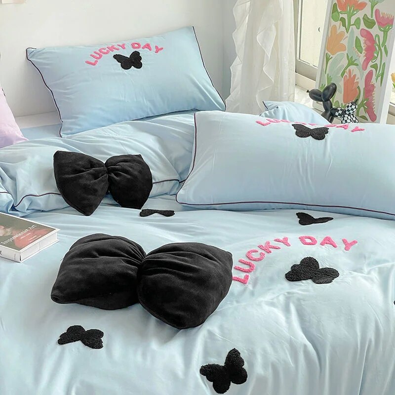 Yickyue Korean Girls' Bed Set Ins Butterfly Embroidered Duvet Cover Washed Cotton Quilt Cover Bed Sheets Solid Color Bed Linens Bedroom