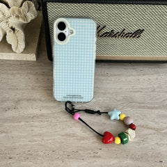 YICKYUE  -  Simplicity Blue Grid Pattern Geometric Decoration Pendant Phone Cover Case for iPhone 16 15 14 13 12 Pro Max
