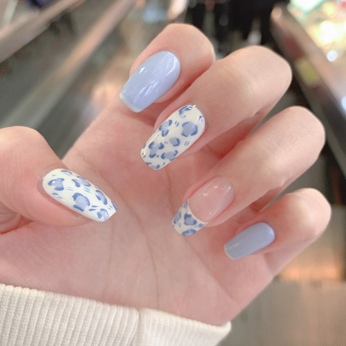 Fake press on nails glue Cream White Baby Blue acrylic nail products Finished Nail Stickers 24 false fingernails With Glue