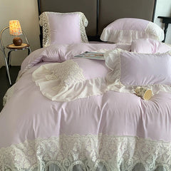 YICKYUE  -  French Style Bedding Set Princess Duvet Cover Set Cotton  Chiffon Lace Ruffle Comforter Sets Luxury Girls Wedding