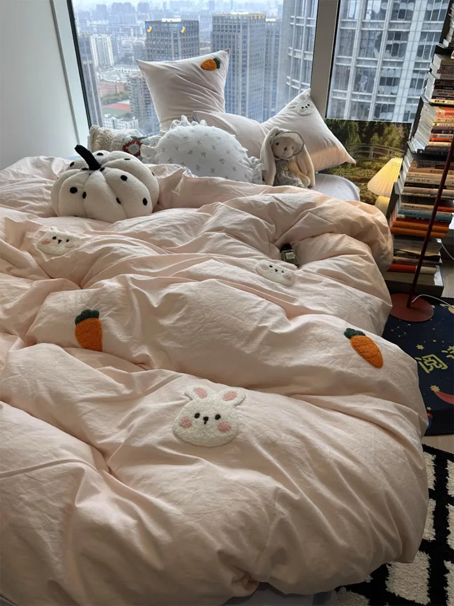 YICKYUE   -  Lovely embroid rabbit pink horse bedding set,twin full queen king cute cotton home textile bed sheet pillow case quilt cover