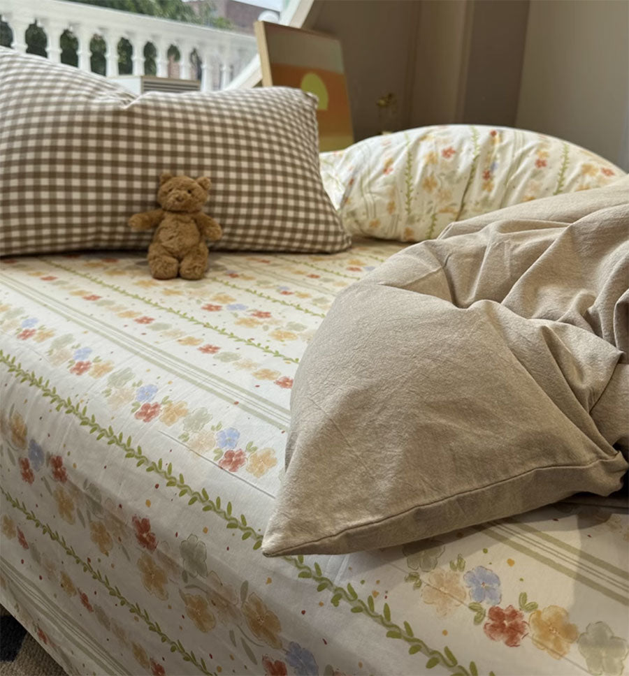 YICKYUE  -  Fashion cute khaki solid floral plaid  bedding set,twin full queen king cotton home textile bed sheet pillow case quilt cover