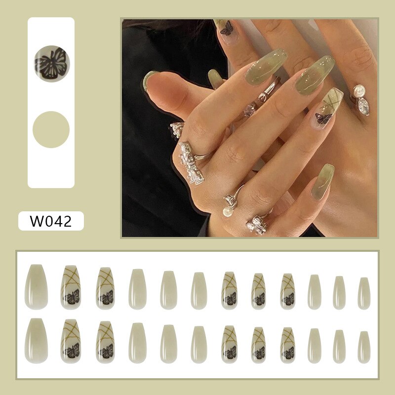 24Pcs Green Butterfly Long Coffin False Nails Wearable Ballerina Fake Nails Full Cover Nail Tips Press on With Wearing Tools