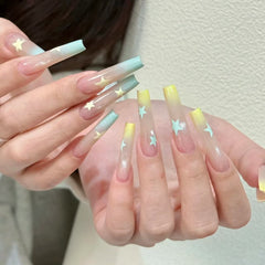 YICKYUE  -  10pcs Handmade Long Ballet Press on Nails Summer Blue Yellow Gradient Cat Eye Fake Nails Wearable Sweet Star False Nail Tips
