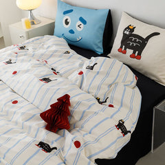 YICKYUE  -  100% Cotton Bedding Set Cute Cartoon Simple Striped Cat Bed 4pcs Set Dormitory Bed Sheets Duvet Covers Pillows Home Decoration