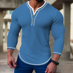 Hearujoy waffle Henry Collar Button T shirts For Men Patchwork Long Sleeve Tops Sweatshirt Spring Autumn Fashion Casual Tee Streetwear