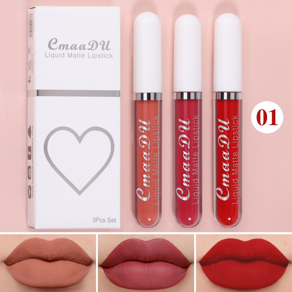 3PCS/SET Matte Lip Gloss Set Maquiagem Long Lasting Waterproof Nude Colors Liquid Lipstick Lips Tint Pink Red Velvet Lipgloss