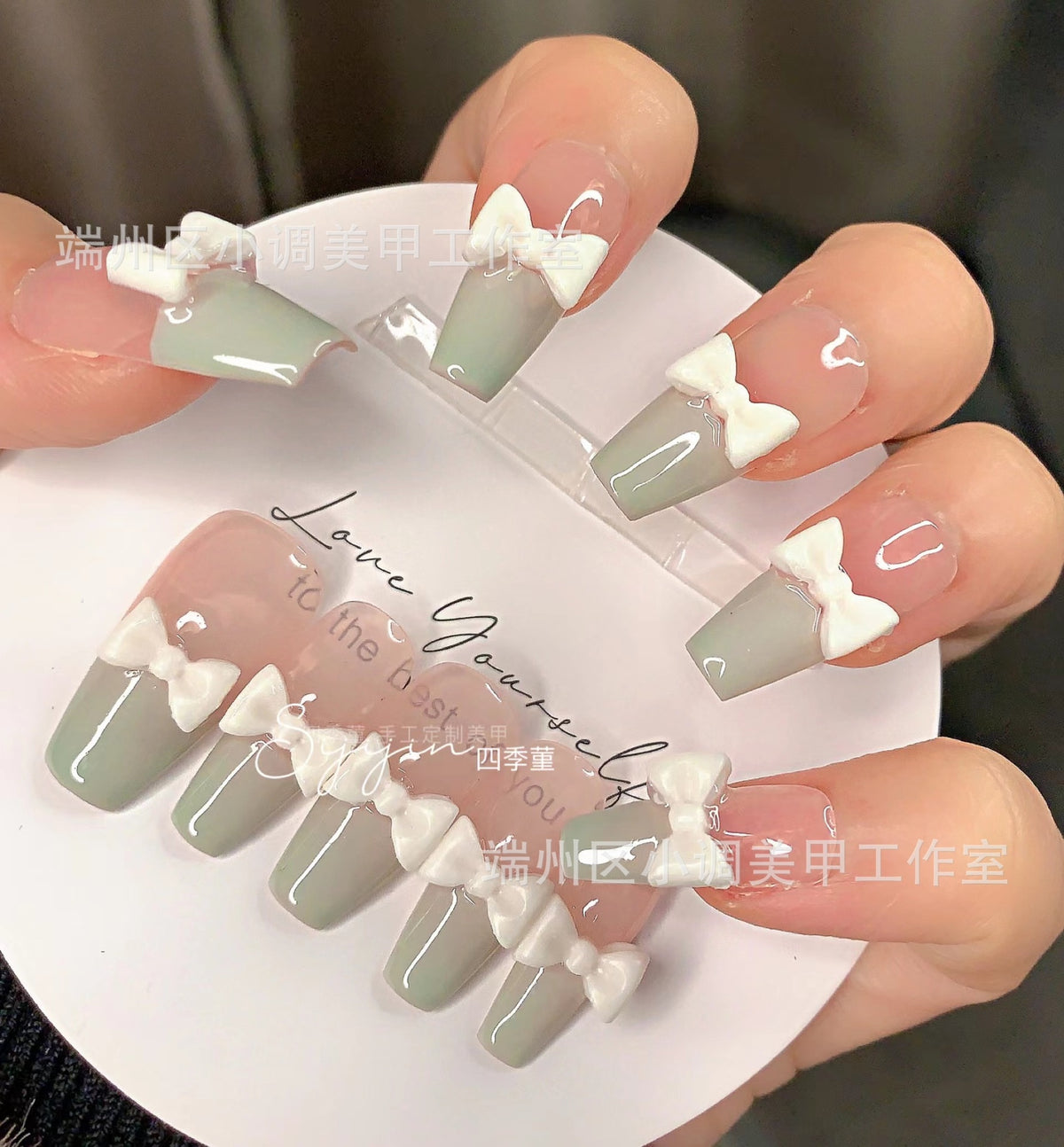Yickyue Removable Milk Green French Style Bow False Nail Patch Handmade Wearable Nail Art Nail 10 Piece Finished Set  Nail Accessories