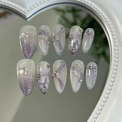 YICKYUE  -  Handmade Press on Nails Purple Fake Nails with Butterfly Sparkling False Nails Sweet Acrylic Full Cover Almond Nails
