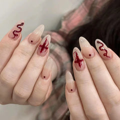 YICKYUE  -  Valentine Bowknot Pearls Rhinestones Totem Red Love Gradient Fake Nail Tip Detachable Finished False Art Nail Press on Nail Glue