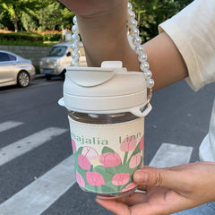 Yickyue 500ML Cute Flower Water Bottle For Girls With Pearl Chain Portable Transparent Glass Double Drinking Coffee Mug Milk Tea Cup