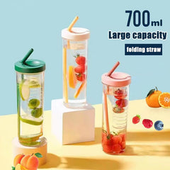 Yickyue New 700ML Water Bottle with Foldable Straw Creative Fruit Tea Built-in Filter Cup Large capacity Portable Home Office Drinkware