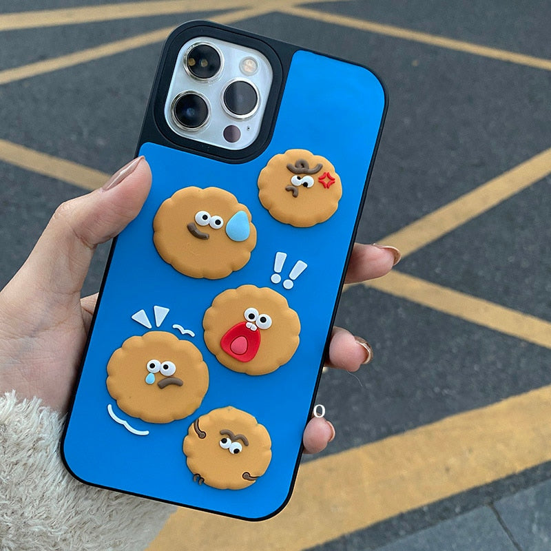 Korean Cute Cartoon 3D Clay Biscuits Soft Case For iPhone 13 12 11 Pro XS Max X XR 7 8 Plus Silicone Protective Blue Back Cover